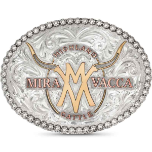 A custom silver belt buckle featuring a personalized logo or ranch brand built on an oval hand engraved silver base